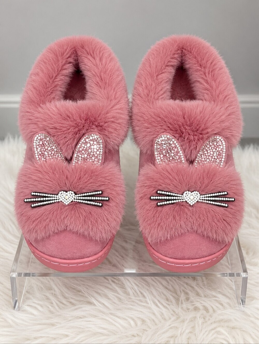 Rhinestone Plush Cat Slippers / Soft Sole Slip-on Slipper Shoes